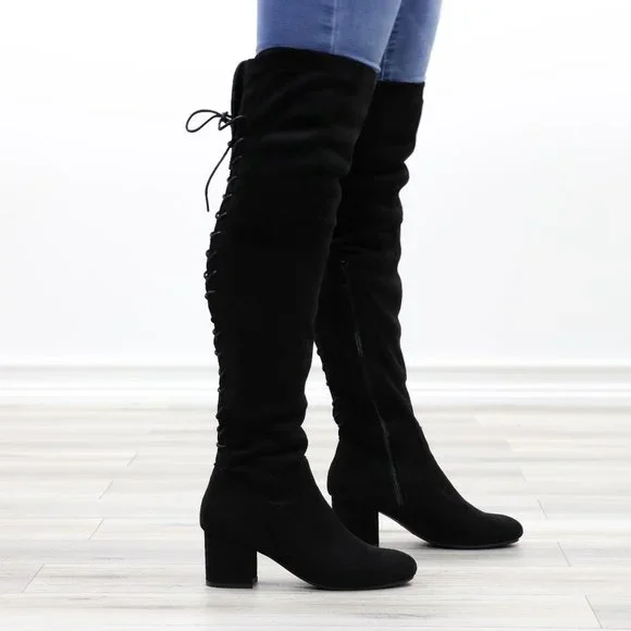 Low Heel Thigh High Boots Faux Suede Back Womens Lace Up Black Above The Knee - Picture 6 of 15